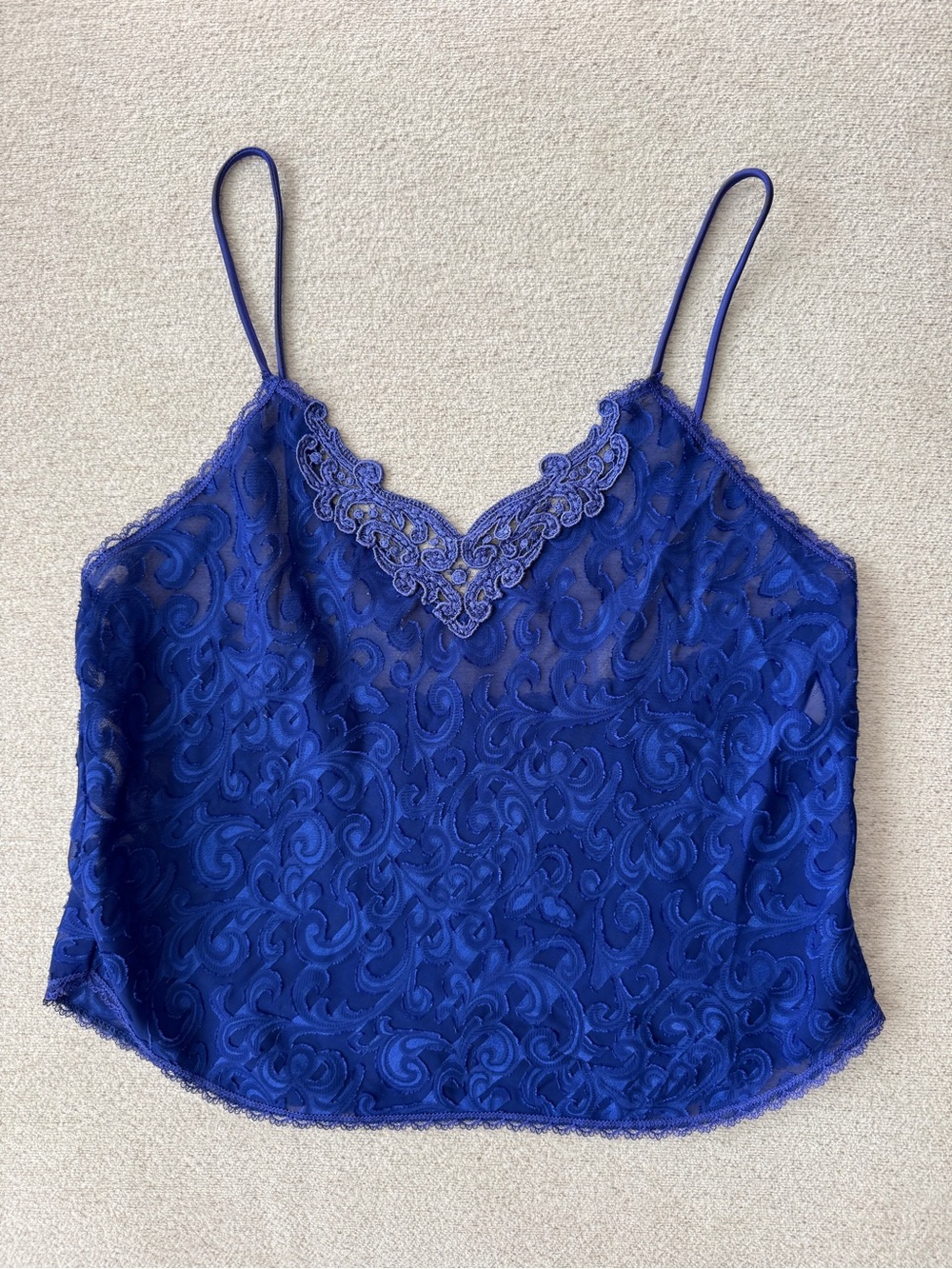 Vintage 90s Lingerie Lace Trim Tank Top Cobalt Blue Sz M Sheer Lucie Ann II